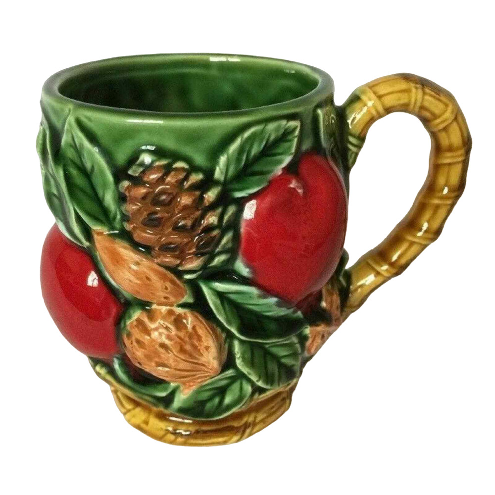 Inarco Japan Coffee Mug Raised Apples Fruit Nuts Pine Cones Leaves VTG 60s